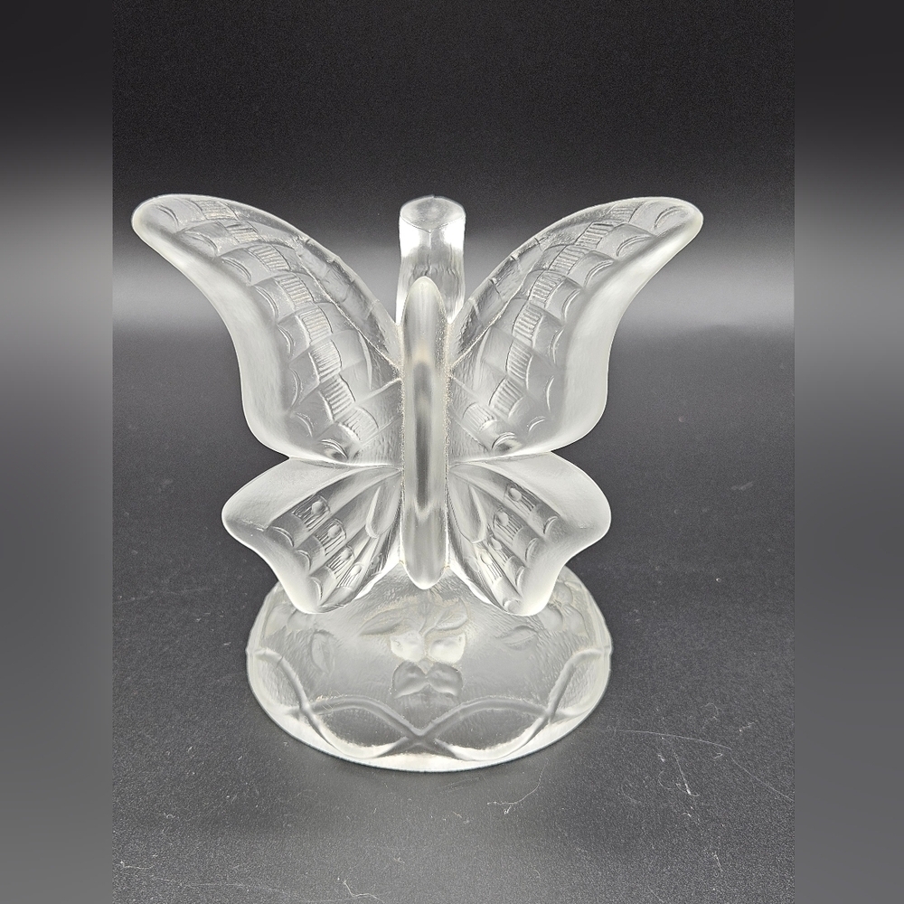 Fenton Art Glass Clear FROSTED Butterfly On Branch Jewelry Ring Holder